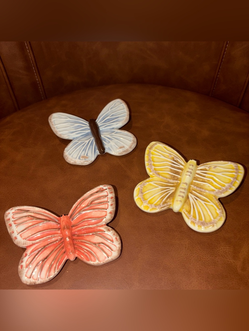 Set Of Three Painted Ceramic painted Butterflies yellow  Blue Orange hang